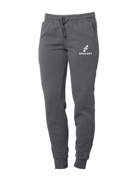 Dark gray women's joggers with white embroidered logo on left thigh that says "SOULSKY".
