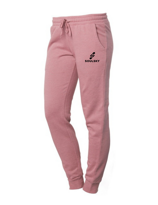 Pink women's joggers with black embroidered logo on left thigh that says "SOULSKY".