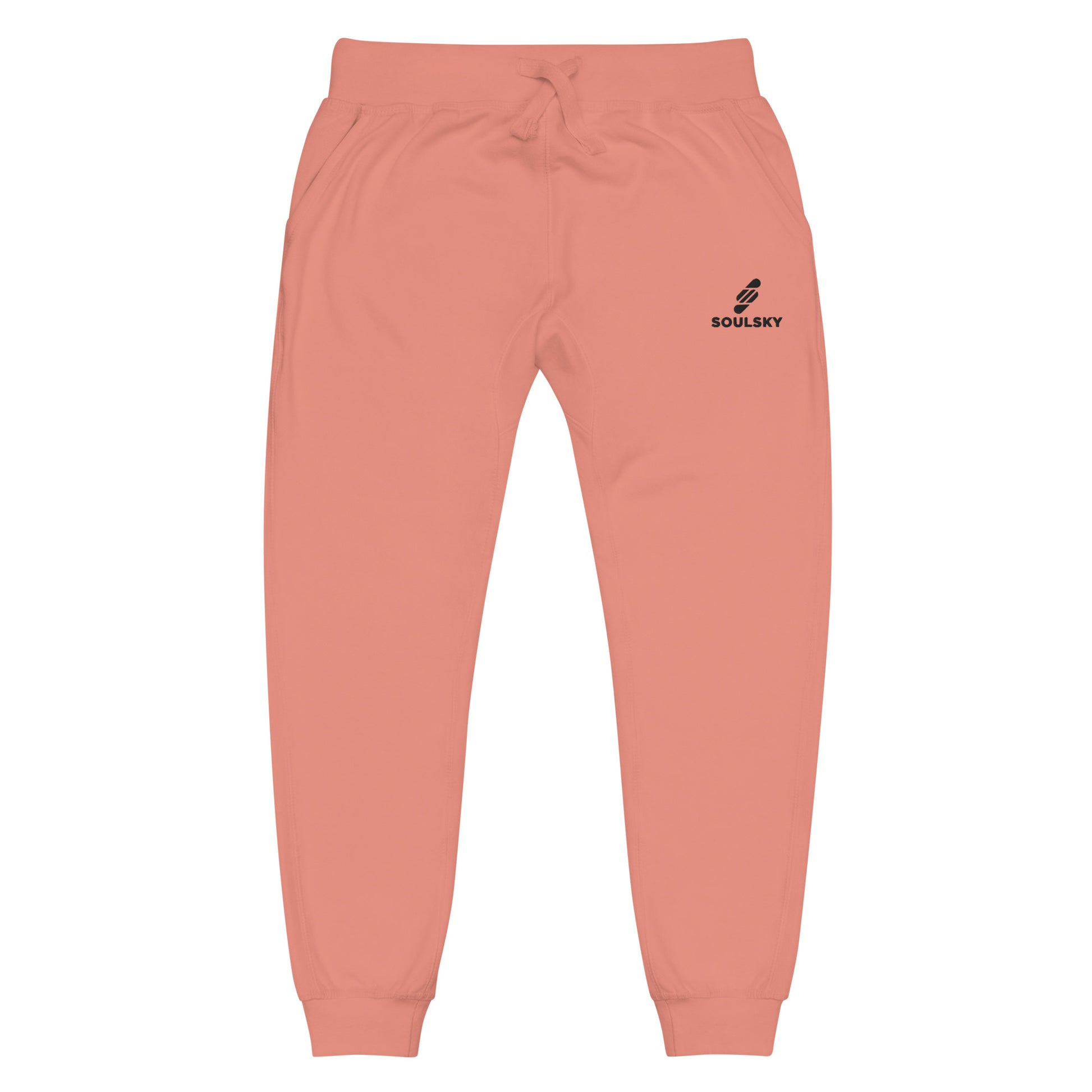 Pic of pink unisex joggers with black embroidered logo on left thigh that says "SOULSKY".