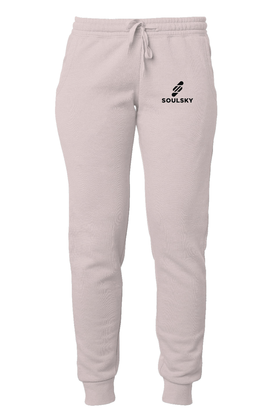 Light pink women's joggers with black embroidered logo on left thigh that says "SOULSKY".
