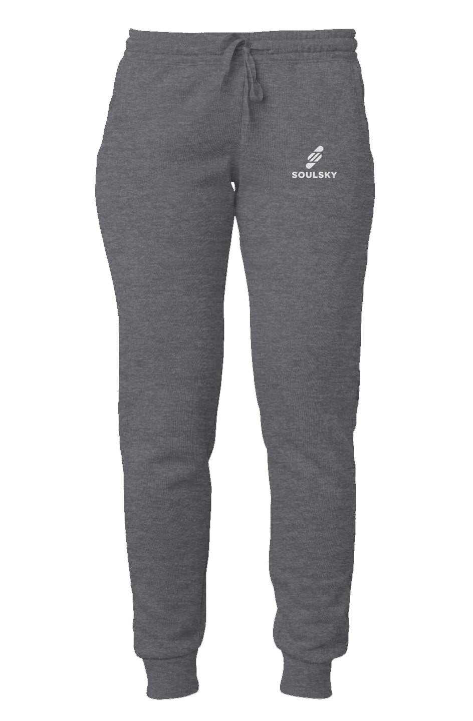 Dark gray women's joggers with white embroidered logo on left thigh that says "SOULSKY".