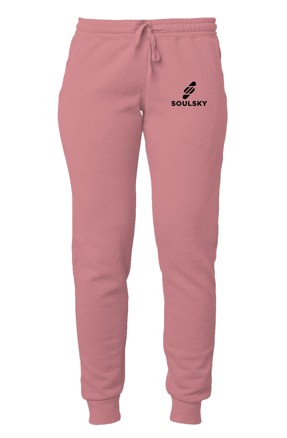 Pink women's joggers with black embroidered logo on left thigh that says "SOULSKY".