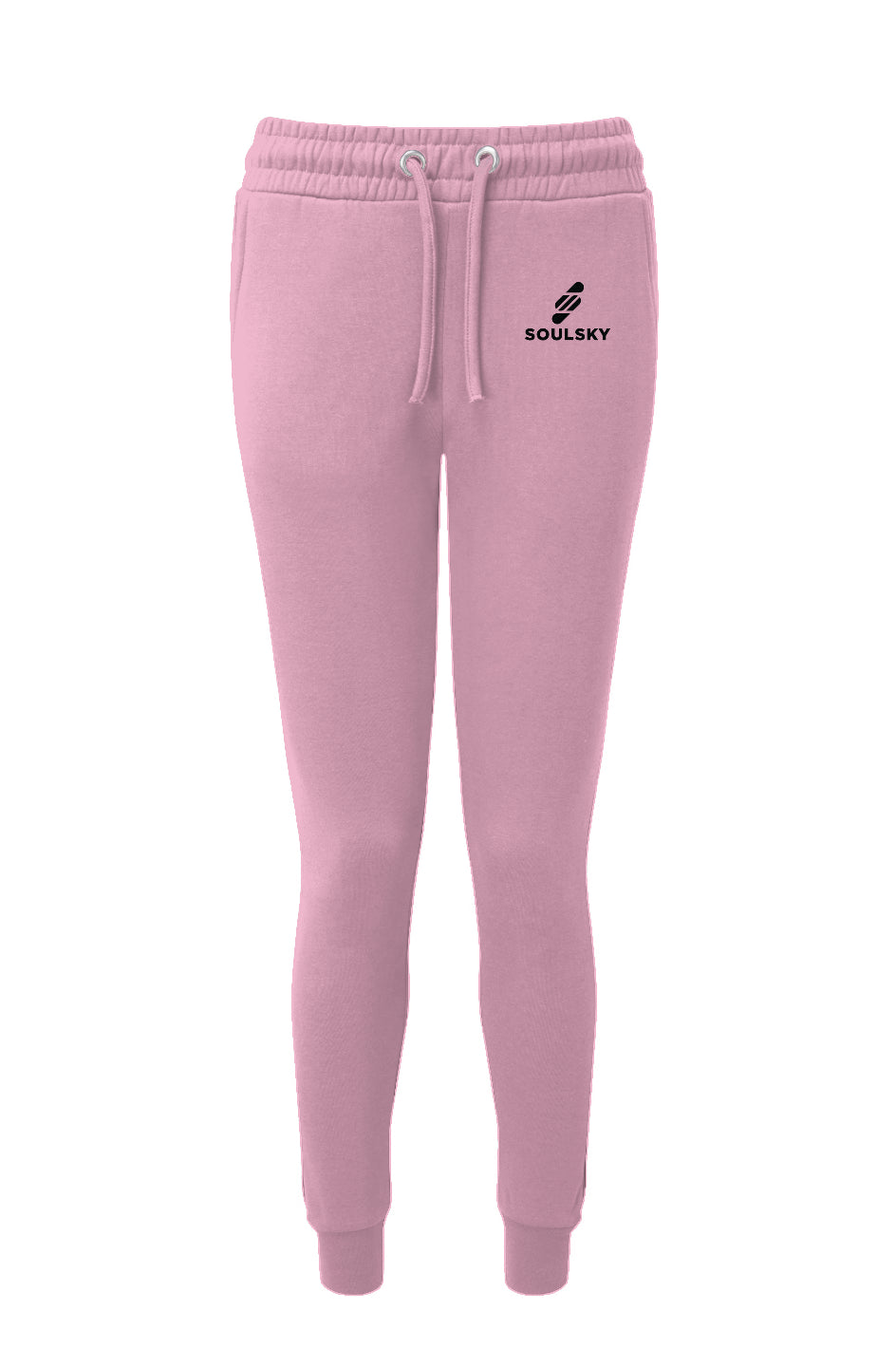 Light pink colored women's joggers with black embroidered logo on left thigh that says "SOULSKY".