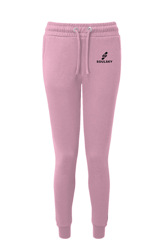 Light pink colored women's joggers with black embroidered logo on left thigh that says "SOULSKY".