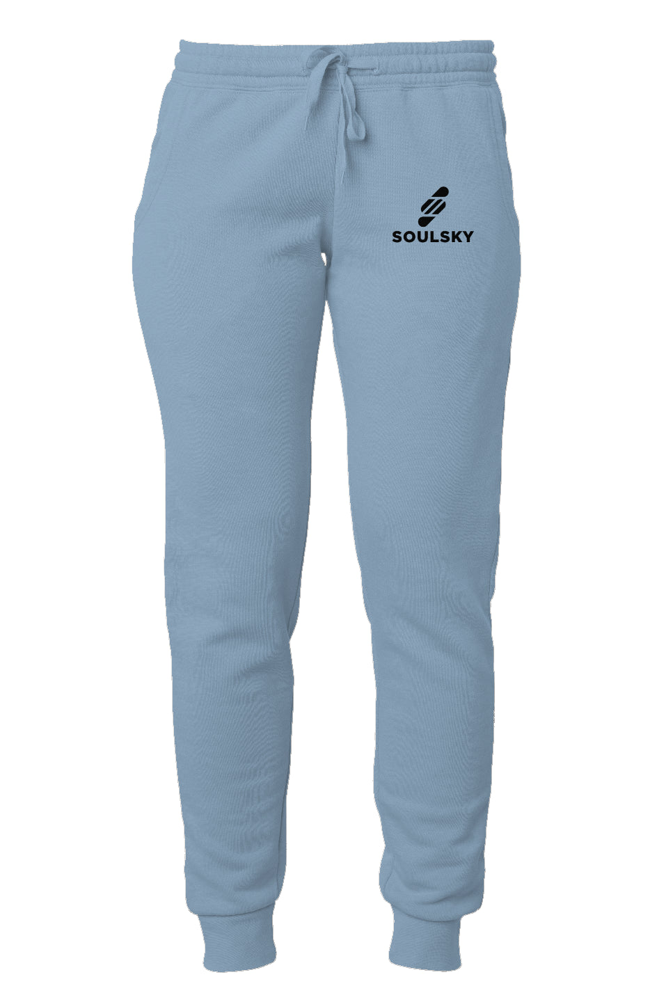 Light blue women's joggers with black embroidered logo on left thigh that says "SOULSKY".
