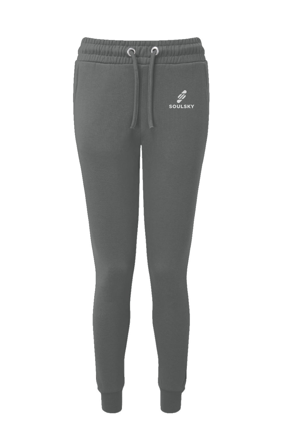 Charcoal gray women's joggers with white embroidered logo on left thigh that says "SOULSKY".