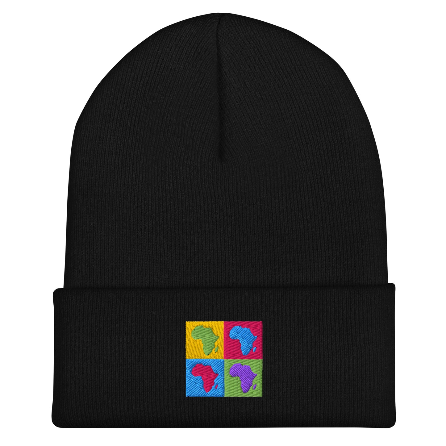 Black cuffed beanie. There's an embroidered design of a yellow, pink, blue, and green square with the shape of Africa in green, blue, pink and purple in each one.