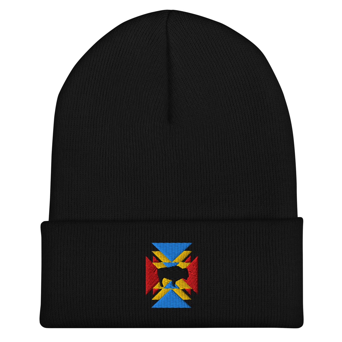 Black cuffed beanie. There's an embroidered design of a black bull in the middle surrounded by red, yellow, and blue triangles.