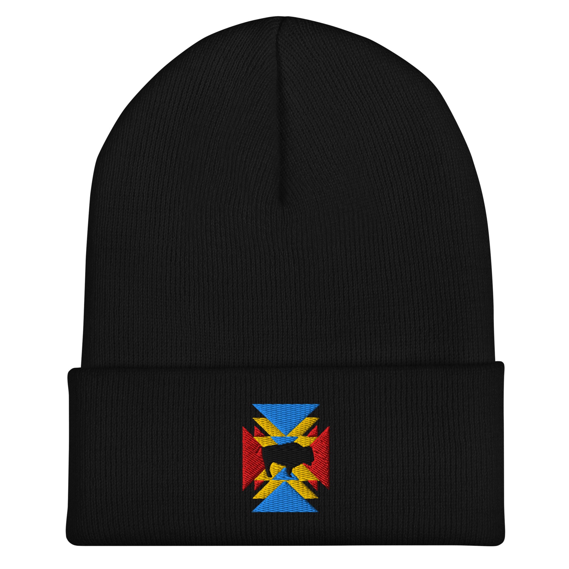 Black cuffed beanie. There's an embroidered design  of a black bull in the middle surrounded by red, yellow, and blue triangles.