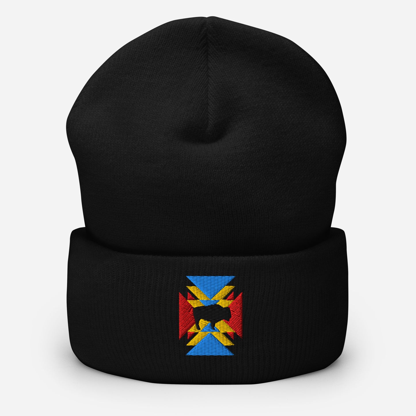 Black cuffed beanie. There's an embroidered design of a black bull in the middle surrounded by red, yellow, and blue triangles.