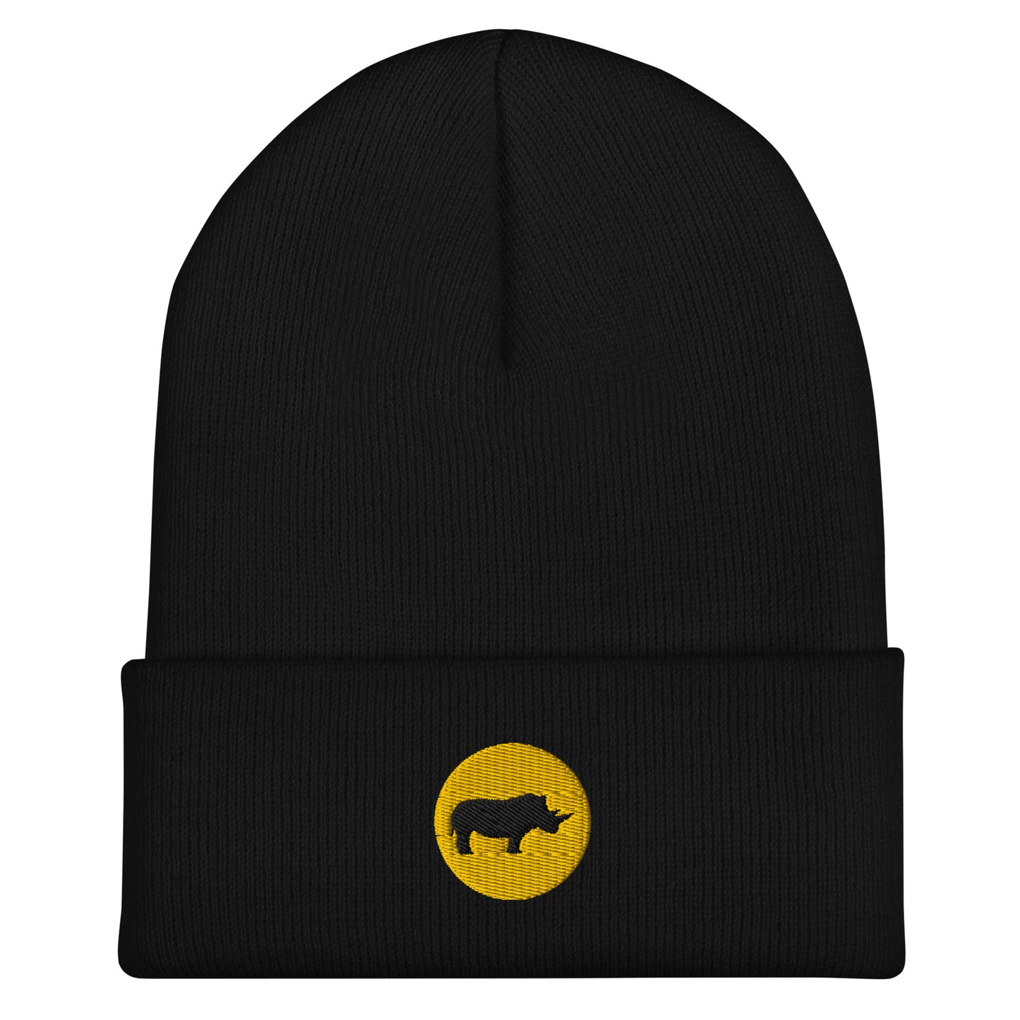 Black cuffed beanie with an embroidered design. There's a black rhino in a yellow circle.