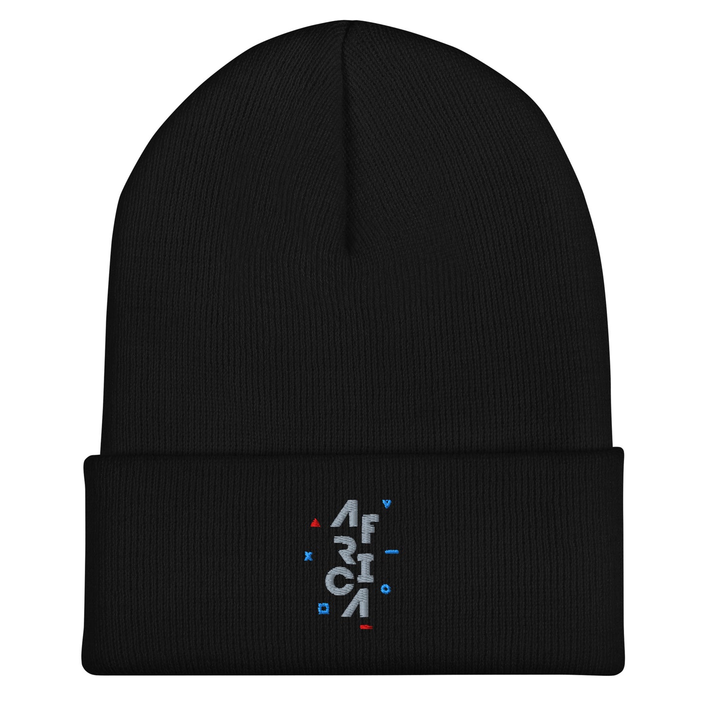 Black cuffed beanie. There's an embroidered design of gray text that says 'AFRICA' vertically. There's red and blue shapes around it.