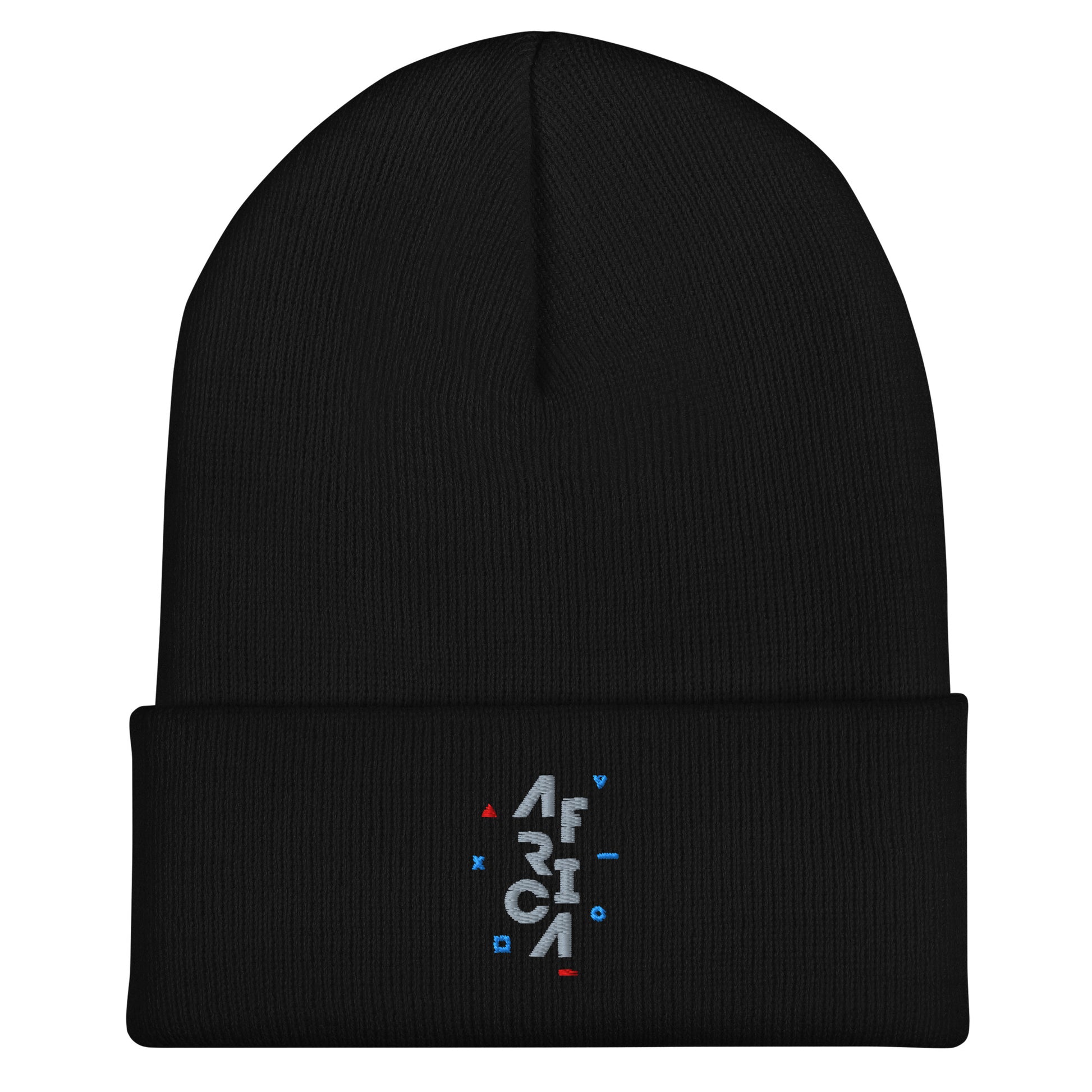 Black cuffed beanie. There's an embroidered design of gray text that says 'AFRICA' vertically. There's red and blue shapes around it.