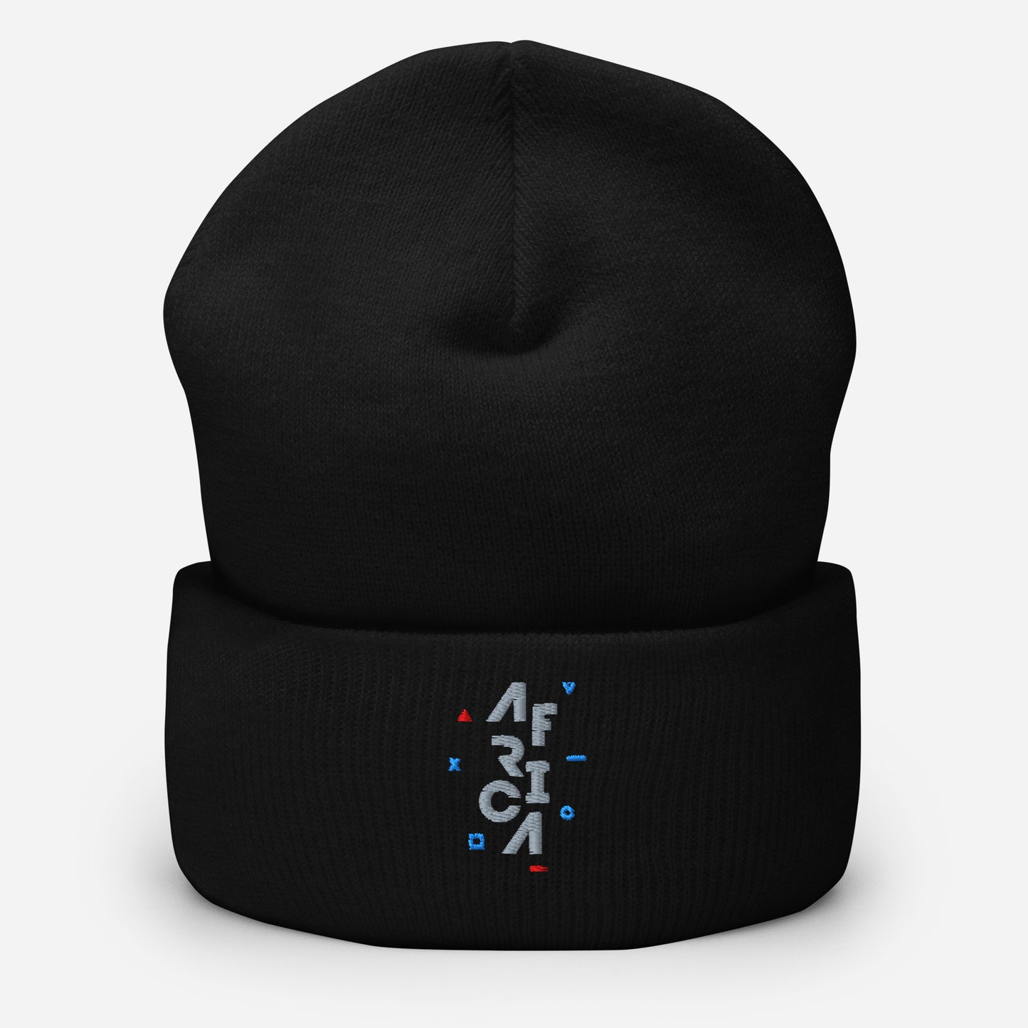 Black cuffed beanie. There's an embroidered design of gray text that says 'AFRICA' vertically. There's red and blue shapes around it.