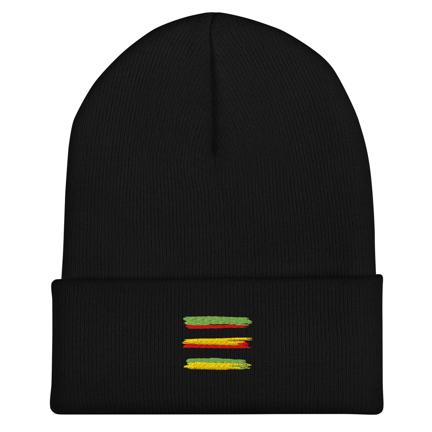 Black cuffed beanie with an embroidered design. There are red, green, and yellow streaks.