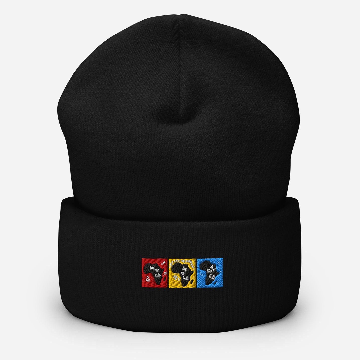 Black cuffed beanie with an embroidered design. There's a row of 3 boxes - red, yellow, and blue. And in each one there's a shape of Africa in each one.