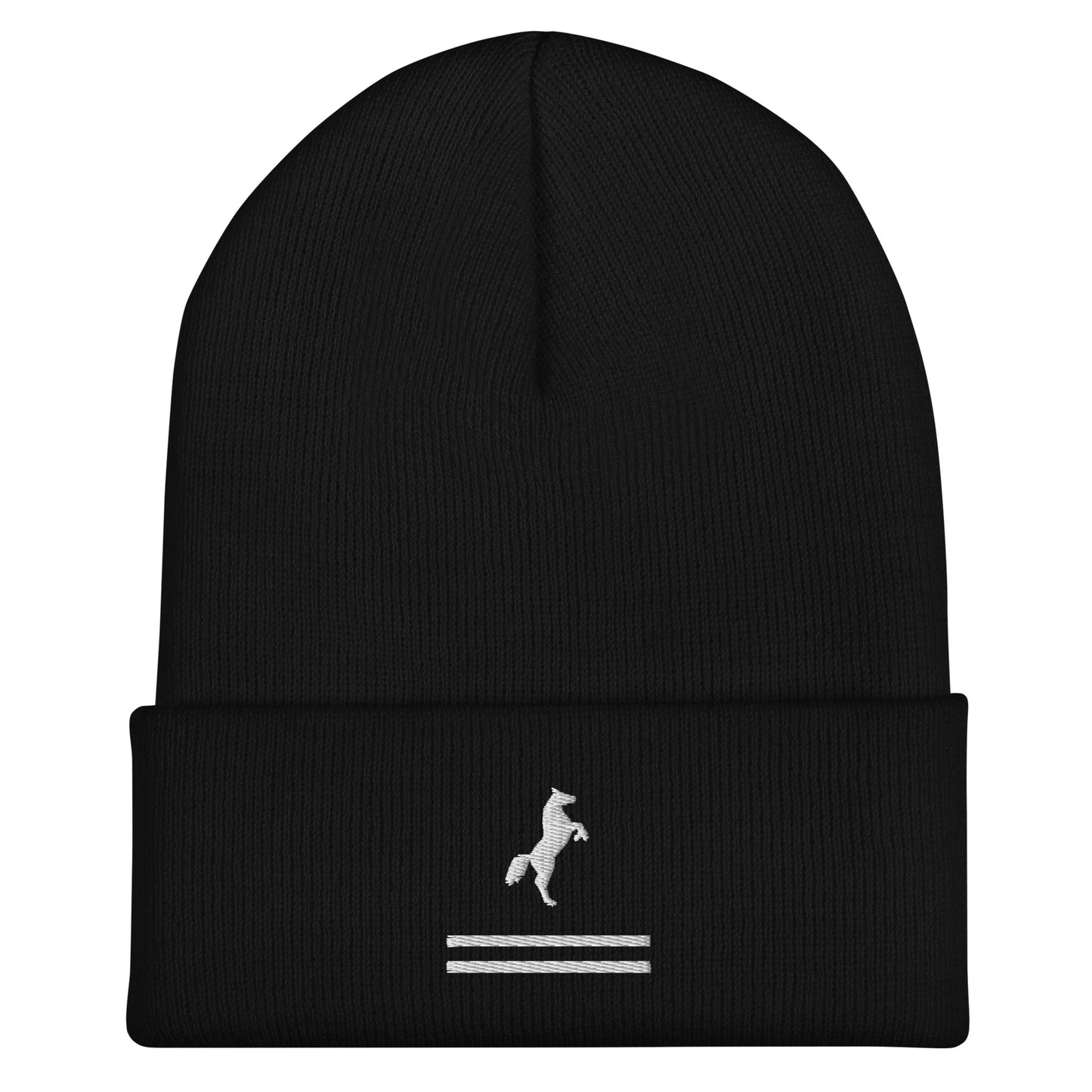Black cuffed beanie with an embroidered design. There's a white horse jumping up over 2 white lines.