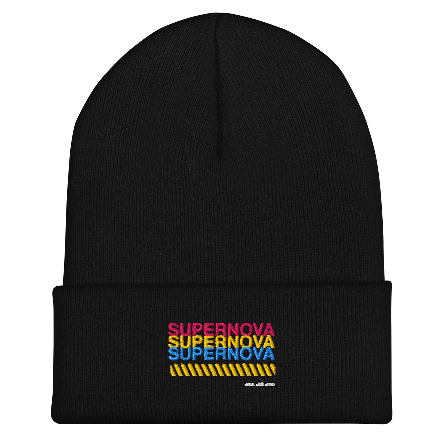 Black cuffed beanie with an embroidered design. 'Supernova is written in 3 rows in 3 colors pink, yellow, and blue. There's a yellow zig zag row below.