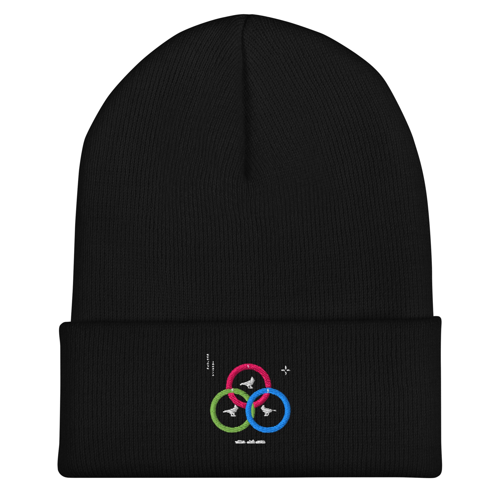 Black cuffed beanie with an embroidered design. Line circles that are intertwined. They are light blue, green, pink with birds in the middle of each one. There are white shapes around.