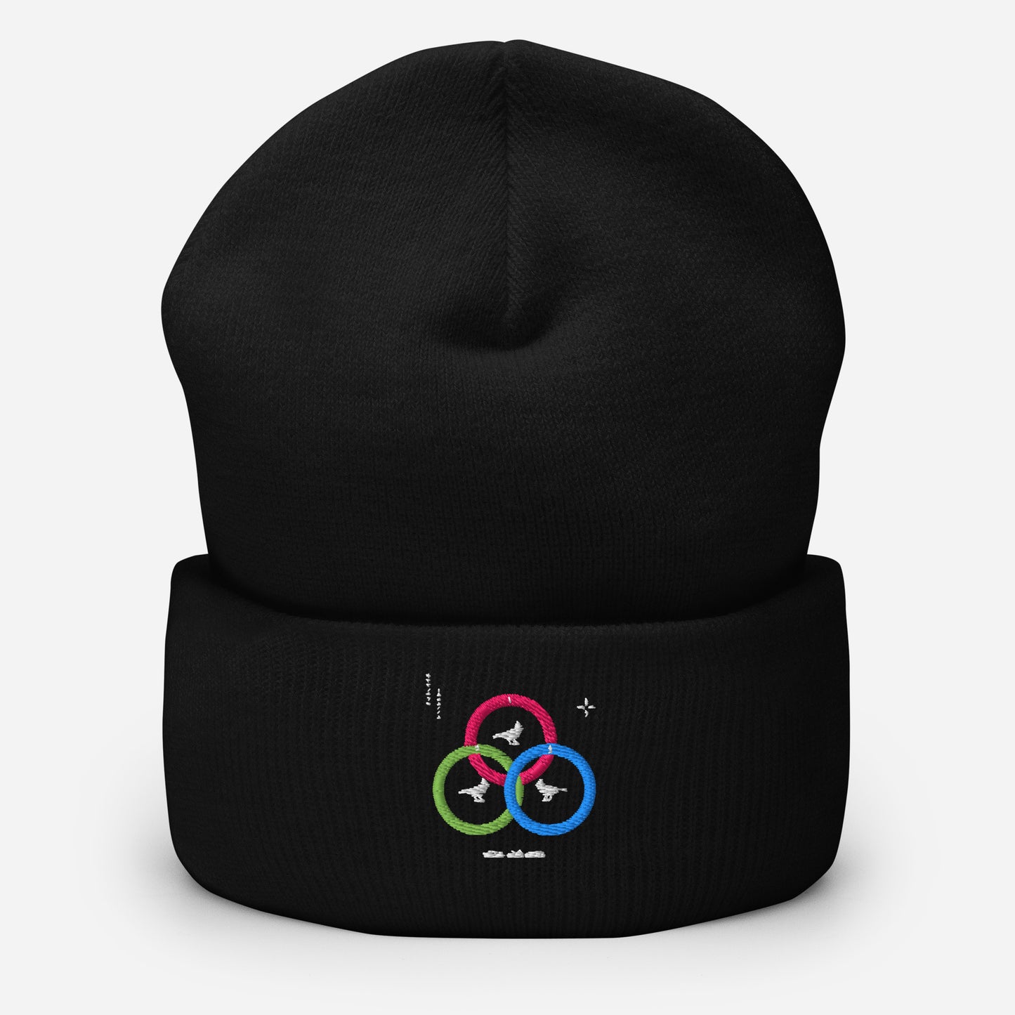 Black cuffed beanie with an embroidered design. Line circles that are intertwined. They are light blue, green, pink with birds in the middle of each one. There are white shapes around.