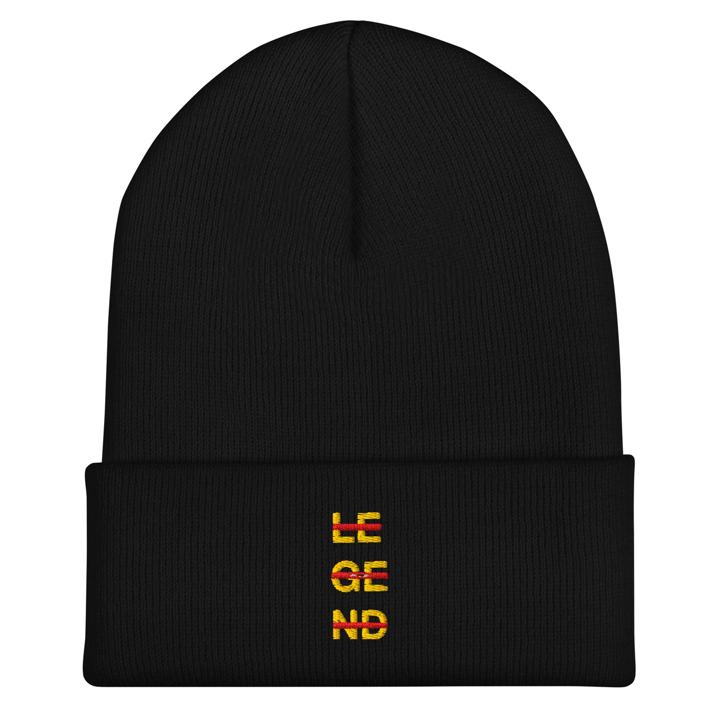 Black cuffed beanie with an embroidered design. Yellow text that says 'LEGEND' with red lines going across the letters.