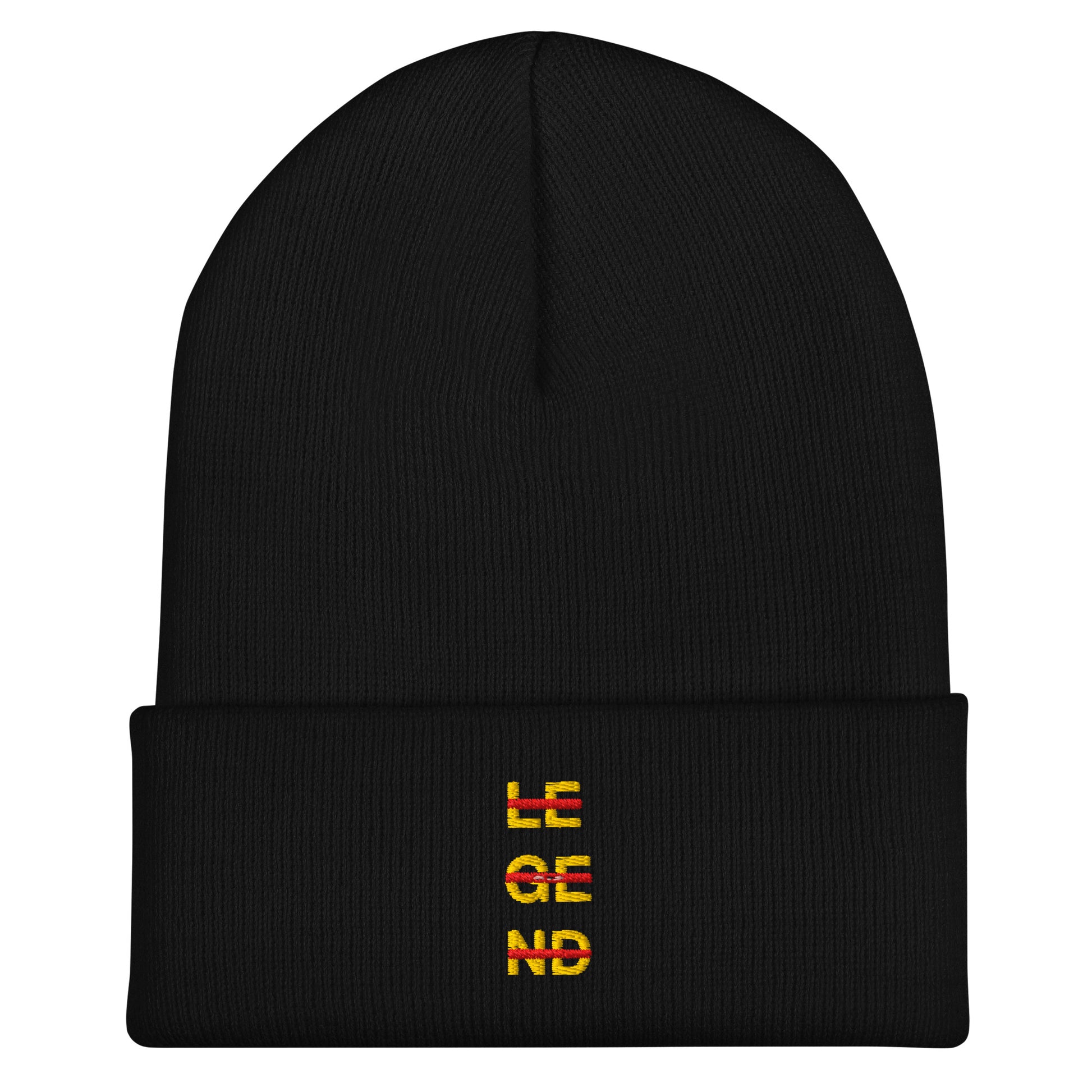 Black cuffed beanie with an embroidered design. Yellow text that says 'LEGEND' with red lines going across the letters.