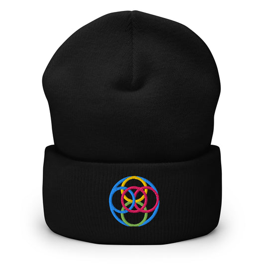 Black cuffed beanie with an embroidered design. Line circles that are intertwined. They are light blue, green, yellow, pink.