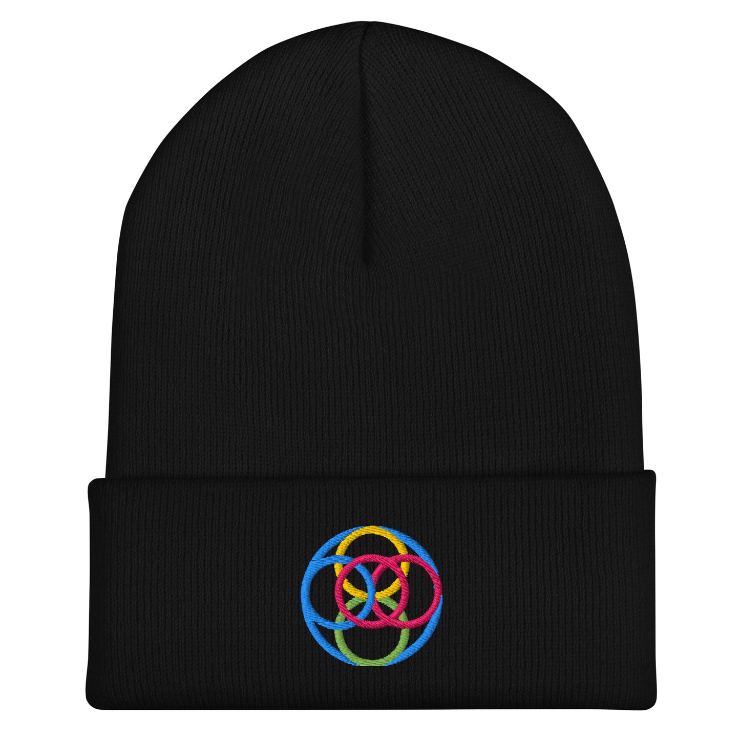 Black cuffed beanie with an embroidered design. Line circles that are intertwined. They are light blue, green, yellow, pink.