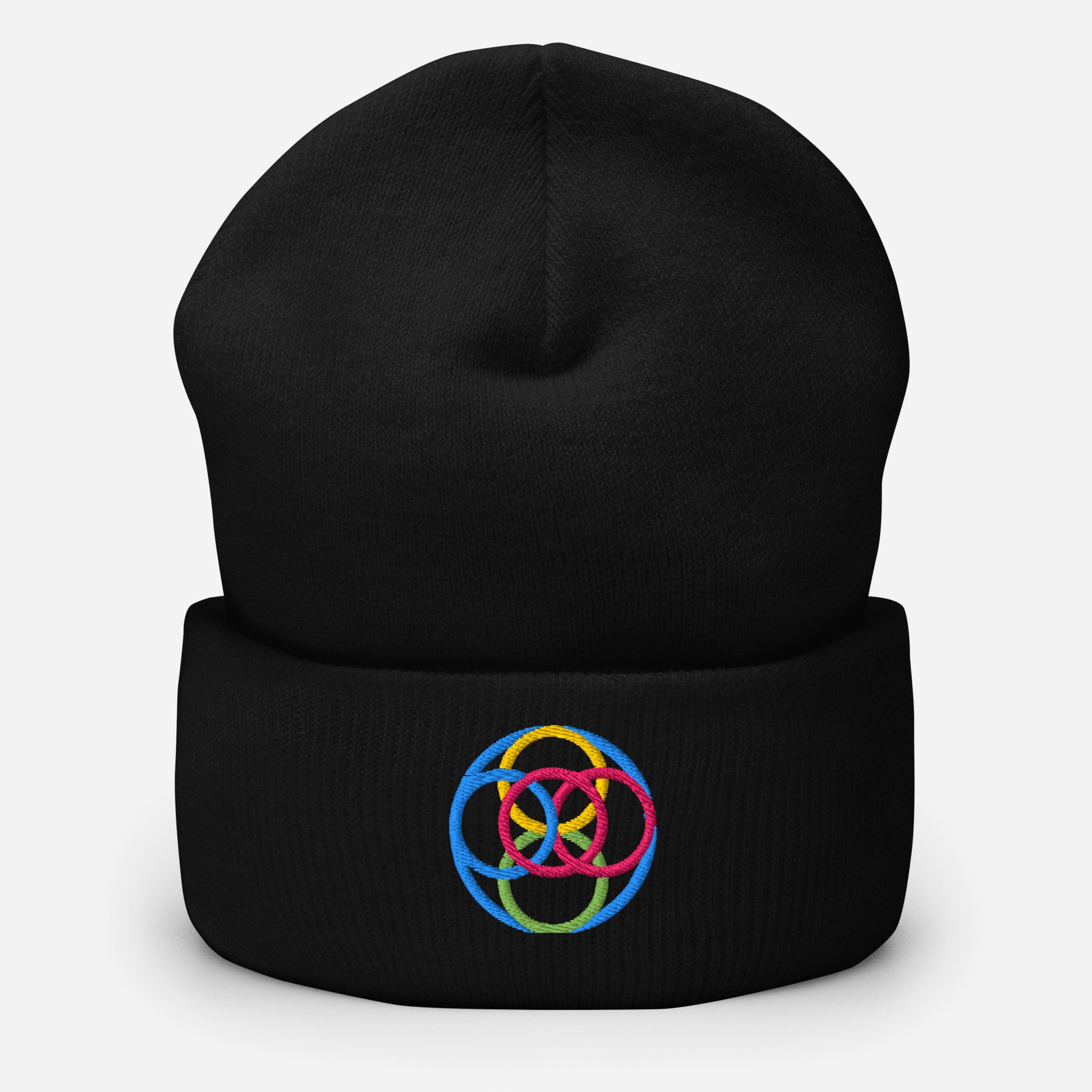 Black cuffed beanie with an embroidered design. Line circles that are intertwined. They are light blue, green, yellow, pink.