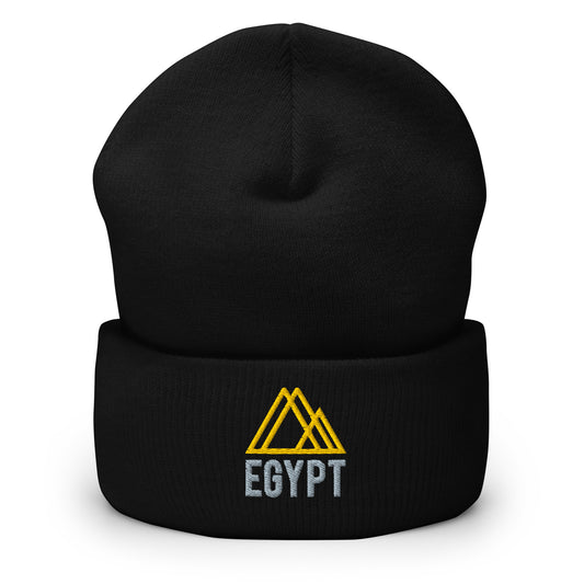 Black cuffed beanie with an embroidered design. There's 3 yellow triangles and text below that says 'EGYPT' in gray text.