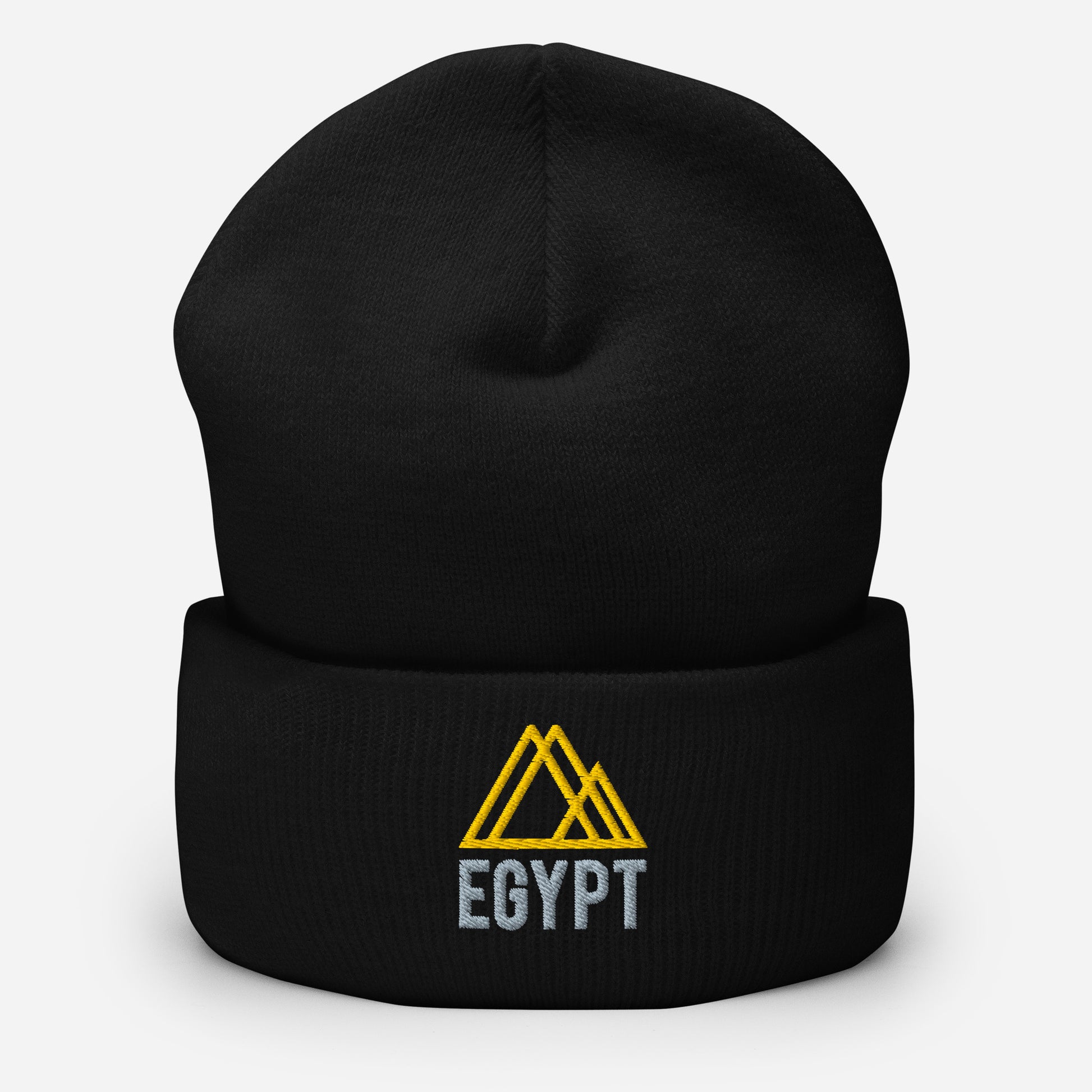 Black cuffed beanie with an embroidered design. There's 3 yellow triangles and text below that says 'EGYPT' in gray text.
