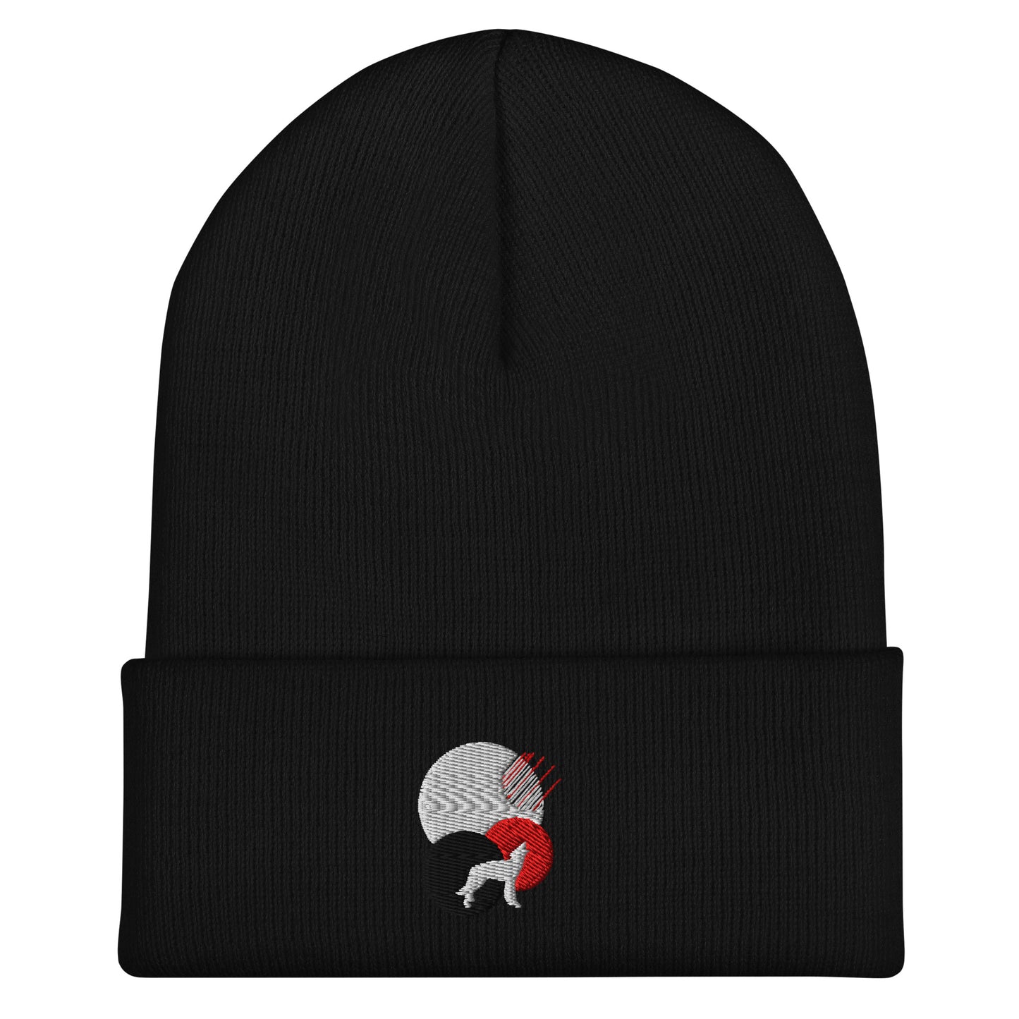 Black cuffed beanie with an embroidered design. There's a white dog looking up with a red, white, and black circle behind it.