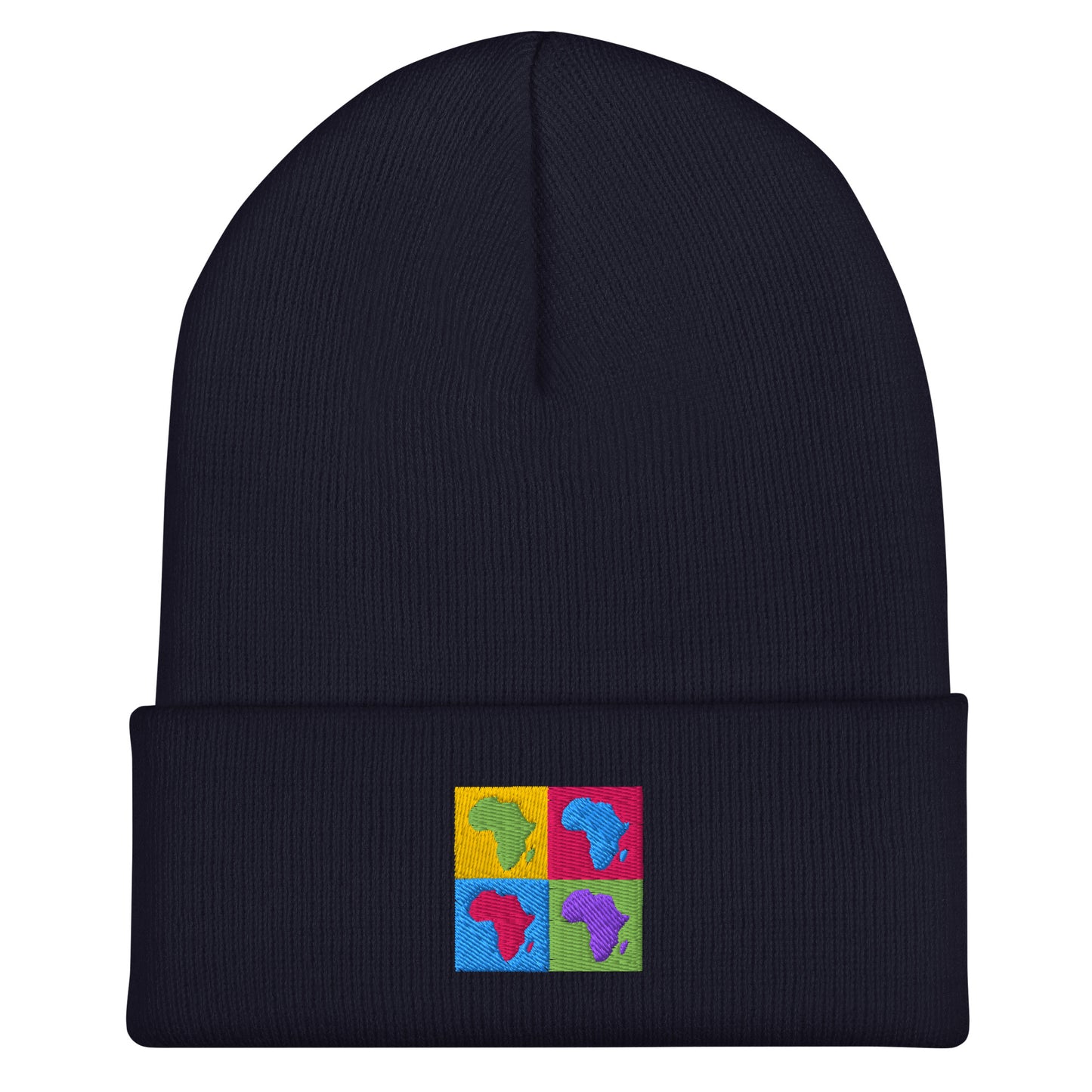 Black cuffed beanie. There's an embroidered design of a yellow, pink, blue, and green square with the shape of Africa in green, blue, pink and purple in each one.