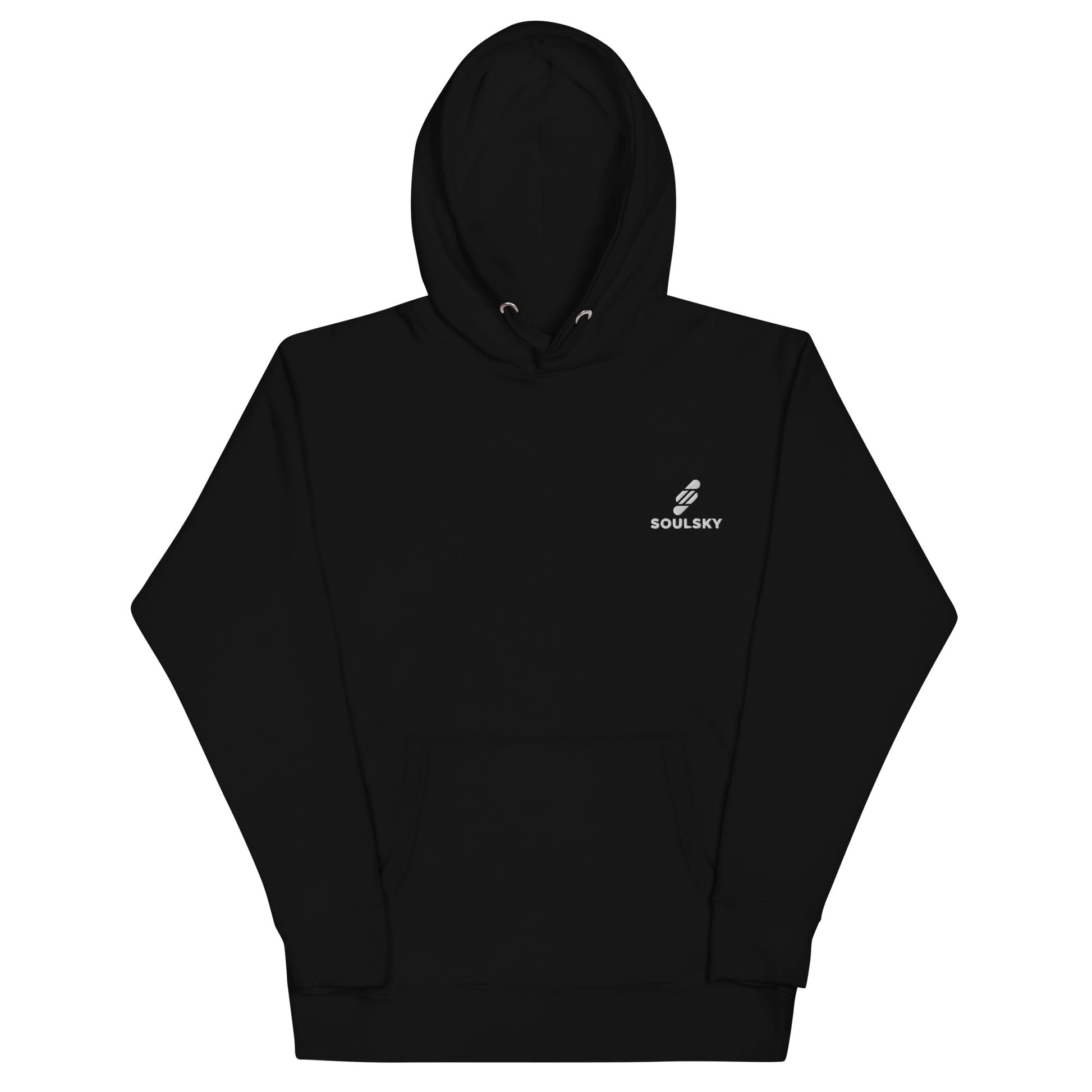 Unisex premium black hoodie with a white embroidered SOULSKY logo on the left chest side. Hood is up.