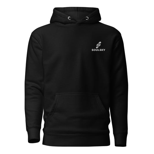 Unisex premium black hoodie with a white embroidered SOULSKY logo on the left chest side.