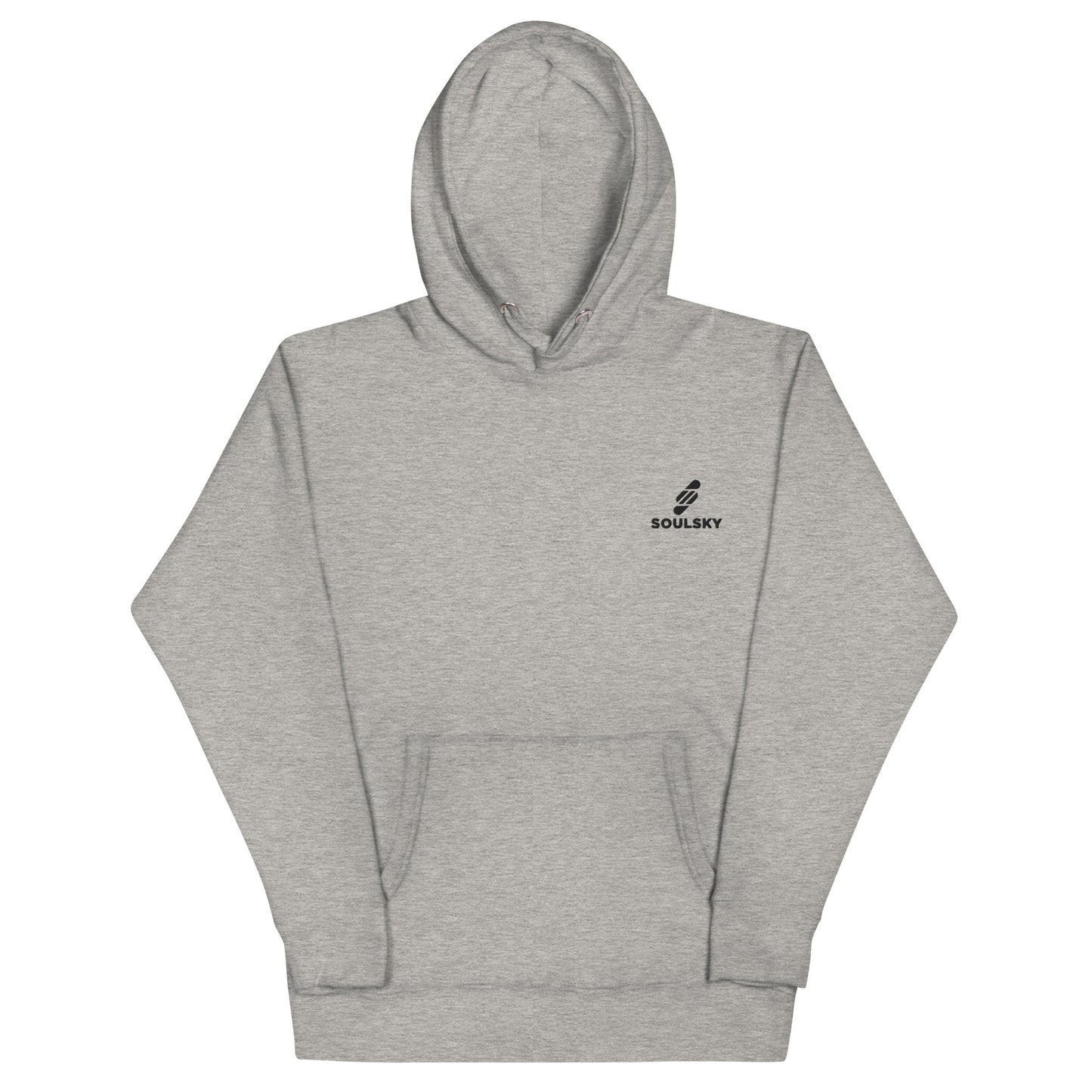 Unisex premium carbon gray hoodie with a black embroidered SOULSKY logo on the left chest side. Hood is up.
