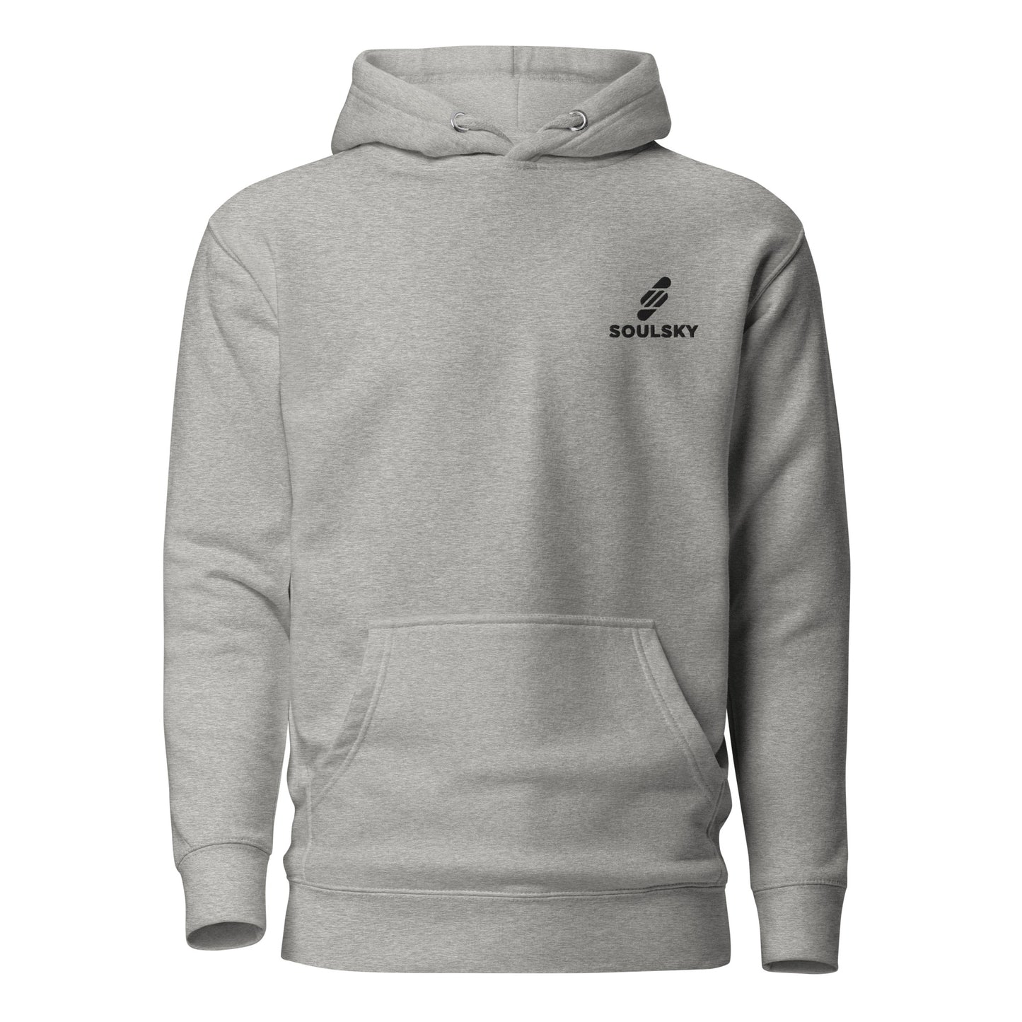 Unisex premium carbon gray hoodie with a black embroidered SOULSKY logo on the left chest side.