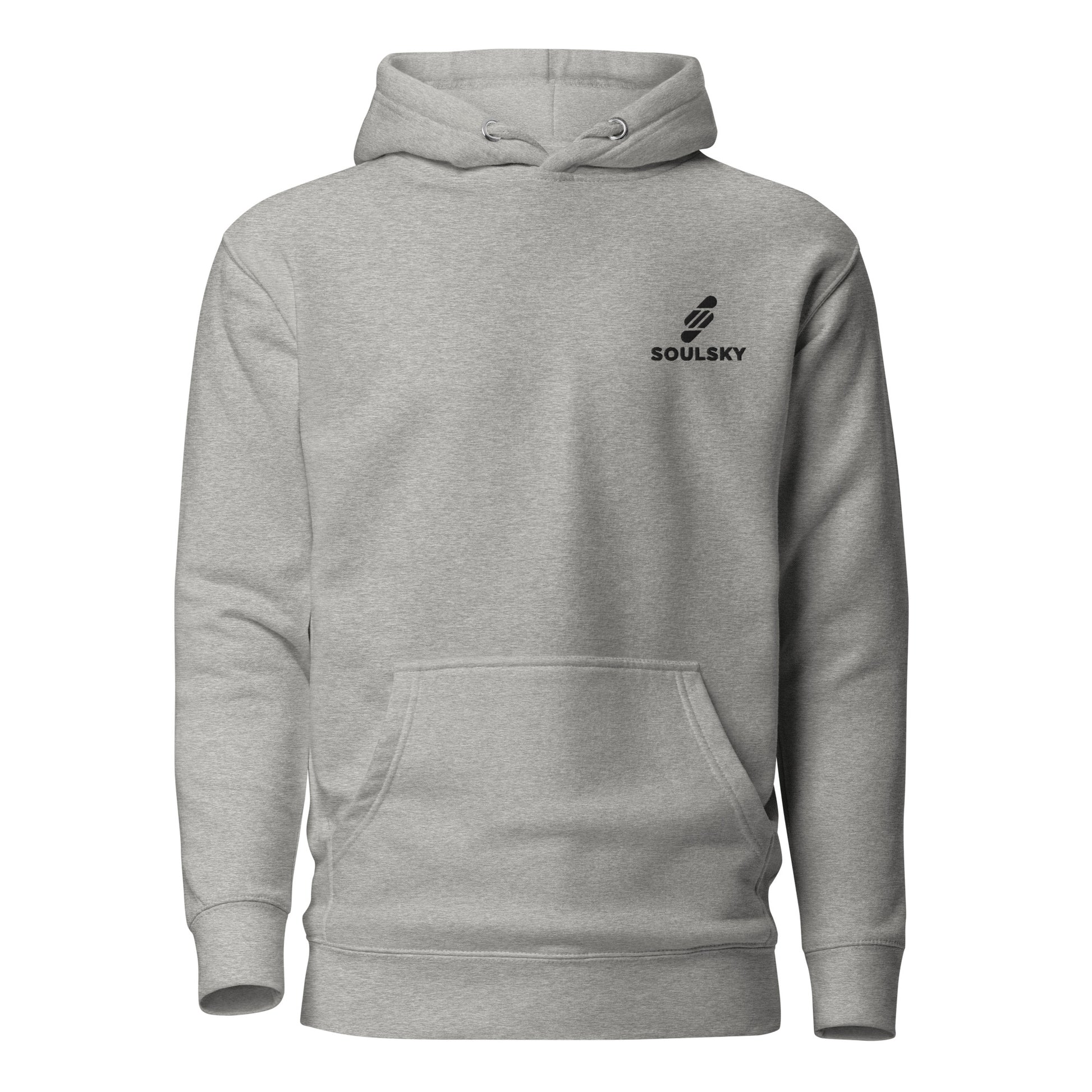 Unisex premium carbon gray hoodie with a black embroidered SOULSKY logo on the left chest side.