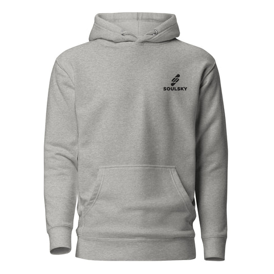 Unisex premium carbon gray hoodie with a black embroidered SOULSKY logo on the left chest side.