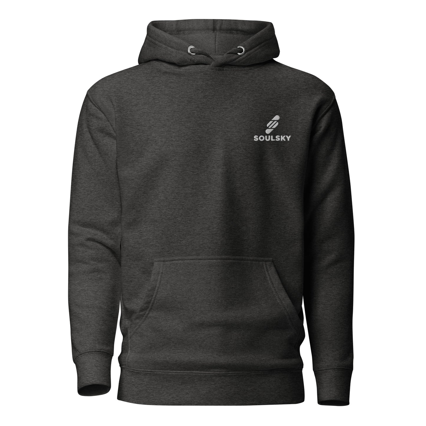 Unisex premium charcoal heather hoodie with a white embroidered SOULSKY logo on the left chest side.
