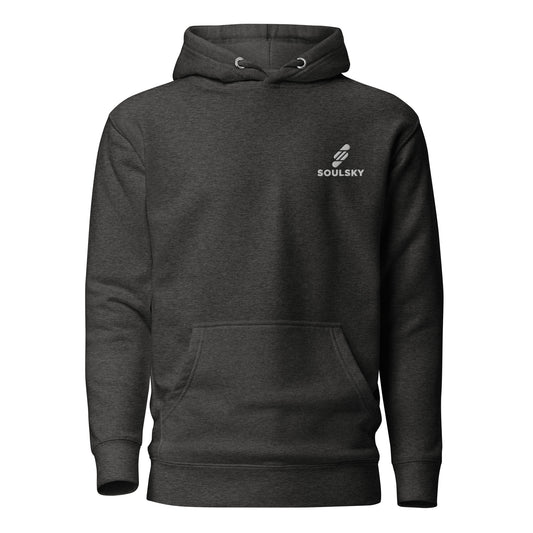 Unisex premium charcoal heather hoodie with a white embroidered SOULSKY logo on the left chest side.