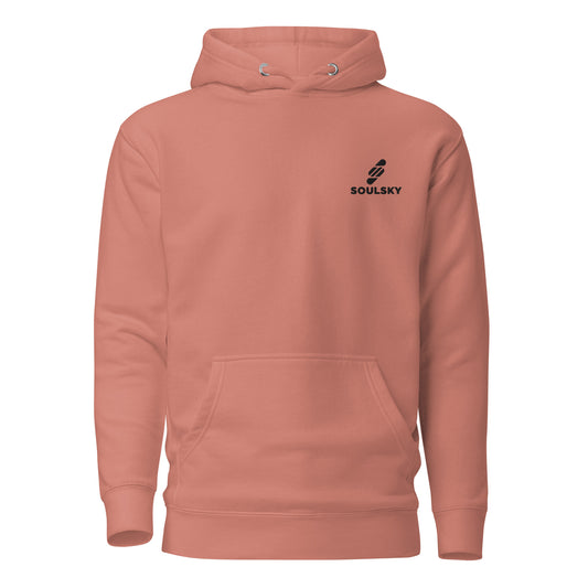 Unisex premium dusty rose pink hoodie with a black embroidered SOULSKY logo on the left chest side.