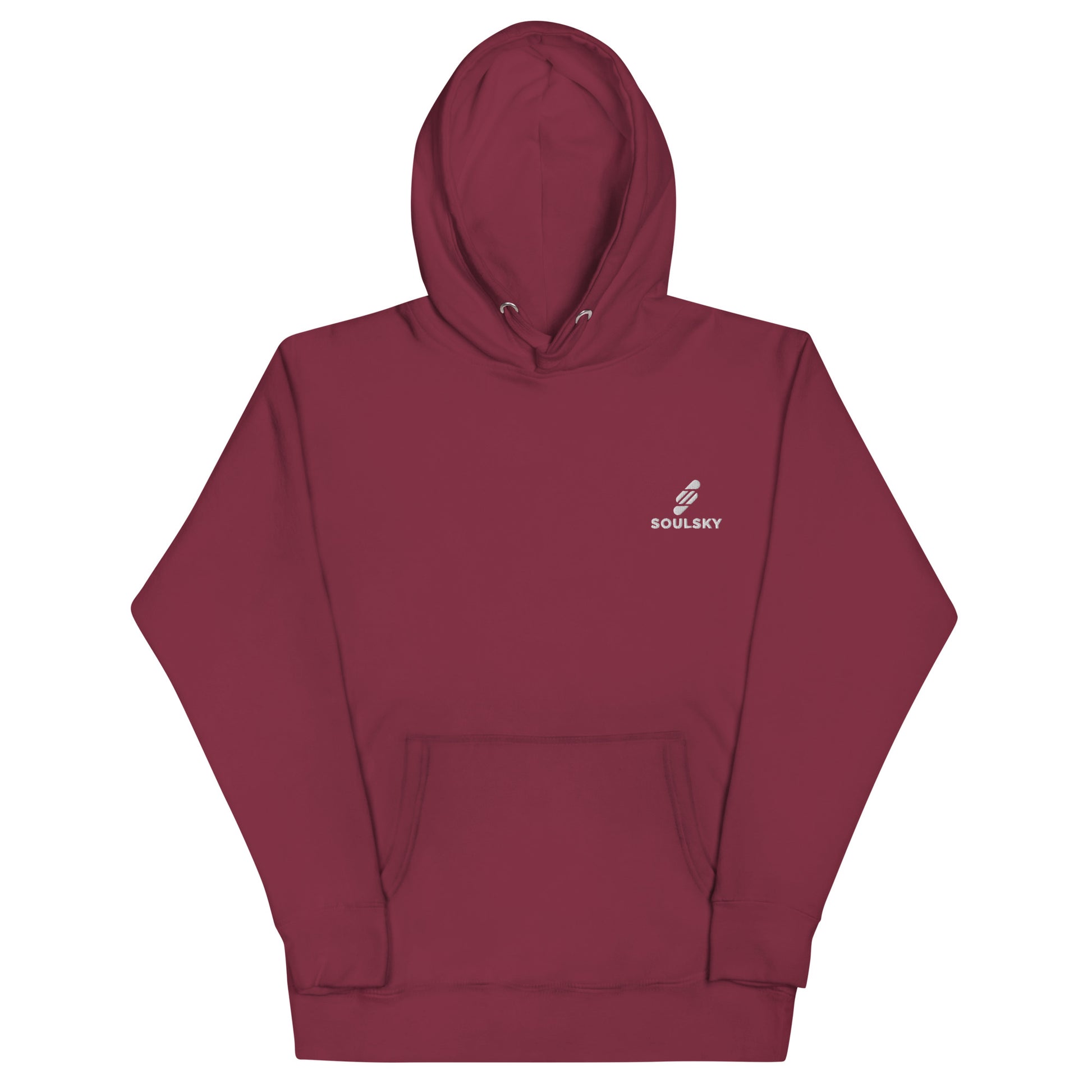 Unisex premium maroon hoodie with a white embroidered SOULSKY logo on the left chest side. Hood is up.