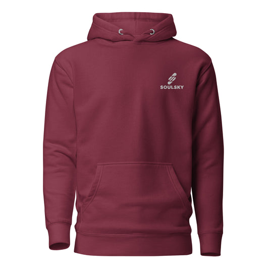 Unisex premium maroon hoodie with a white embroidered SOULSKY logo on the left chest side.