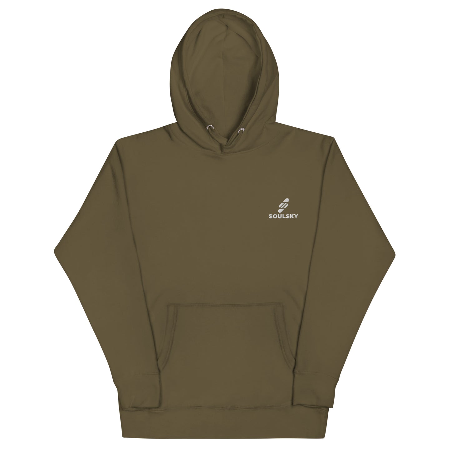 Unisex premium military green hoodie with a white embroidered SOULSKY logo on the left chest side. Hood is up.