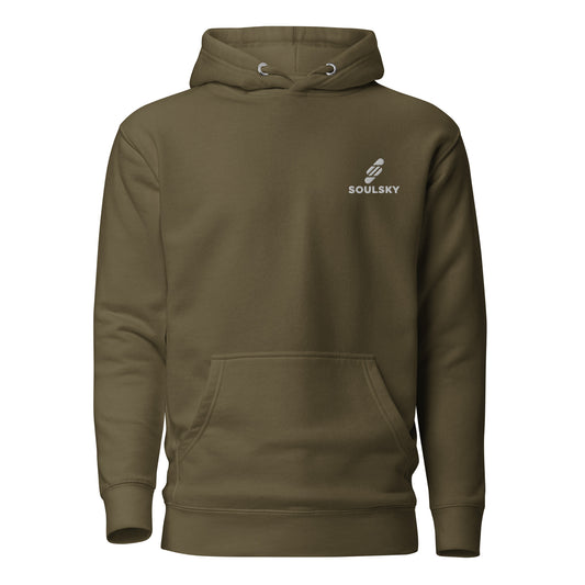Unisex premium military green hoodie with a white embroidered SOULSKY logo on the left chest side.