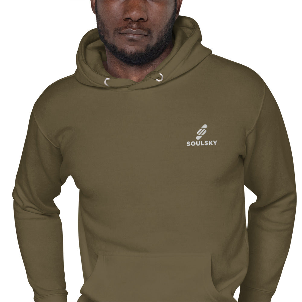 Black male model wearing a unisex premium military green hoodie with a white embroidered SOULSKY logo on the left chest side.