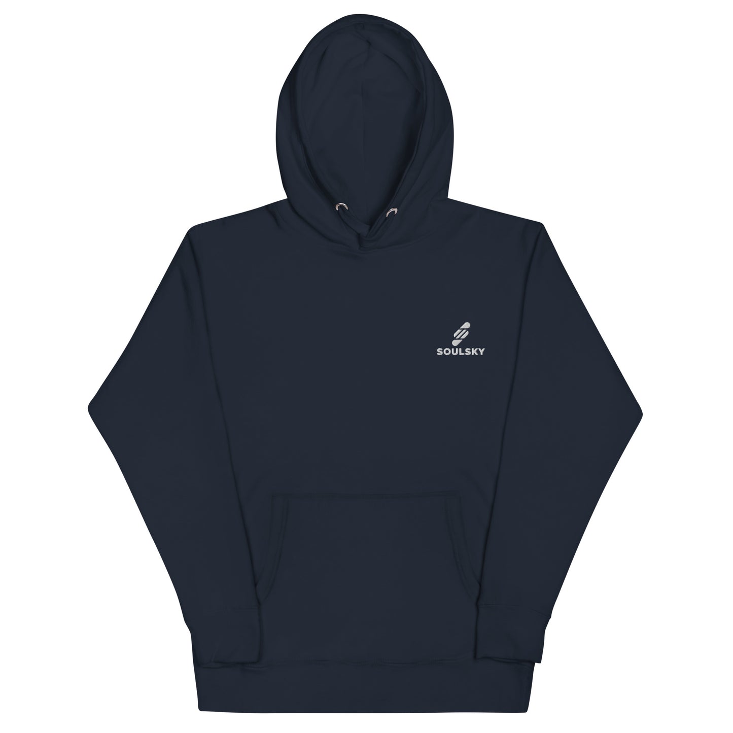 Unisex premium navy blue hoodie with a white SOULSKY logo on the left chest side. Hoodie is up.