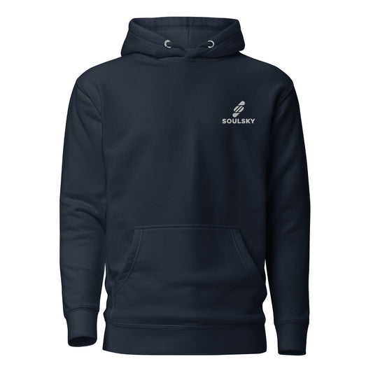 Unisex premium navy blue hoodie with a white embroidered SOULSKY logo on the left chest side. Hood is up.