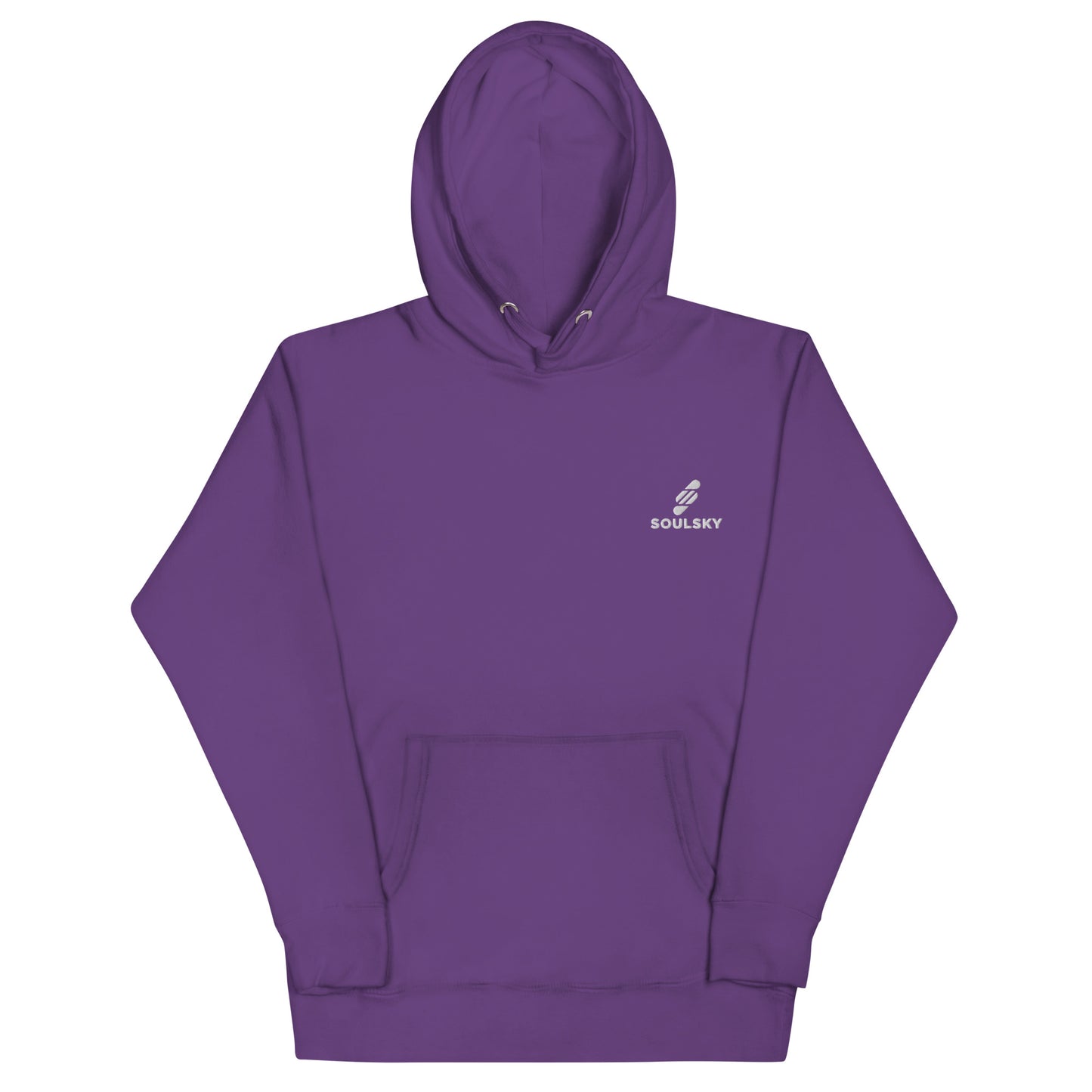 Unisex premium purple hoodie with a white embroidered SOULSKY logo on the left chest side. Hood is up.